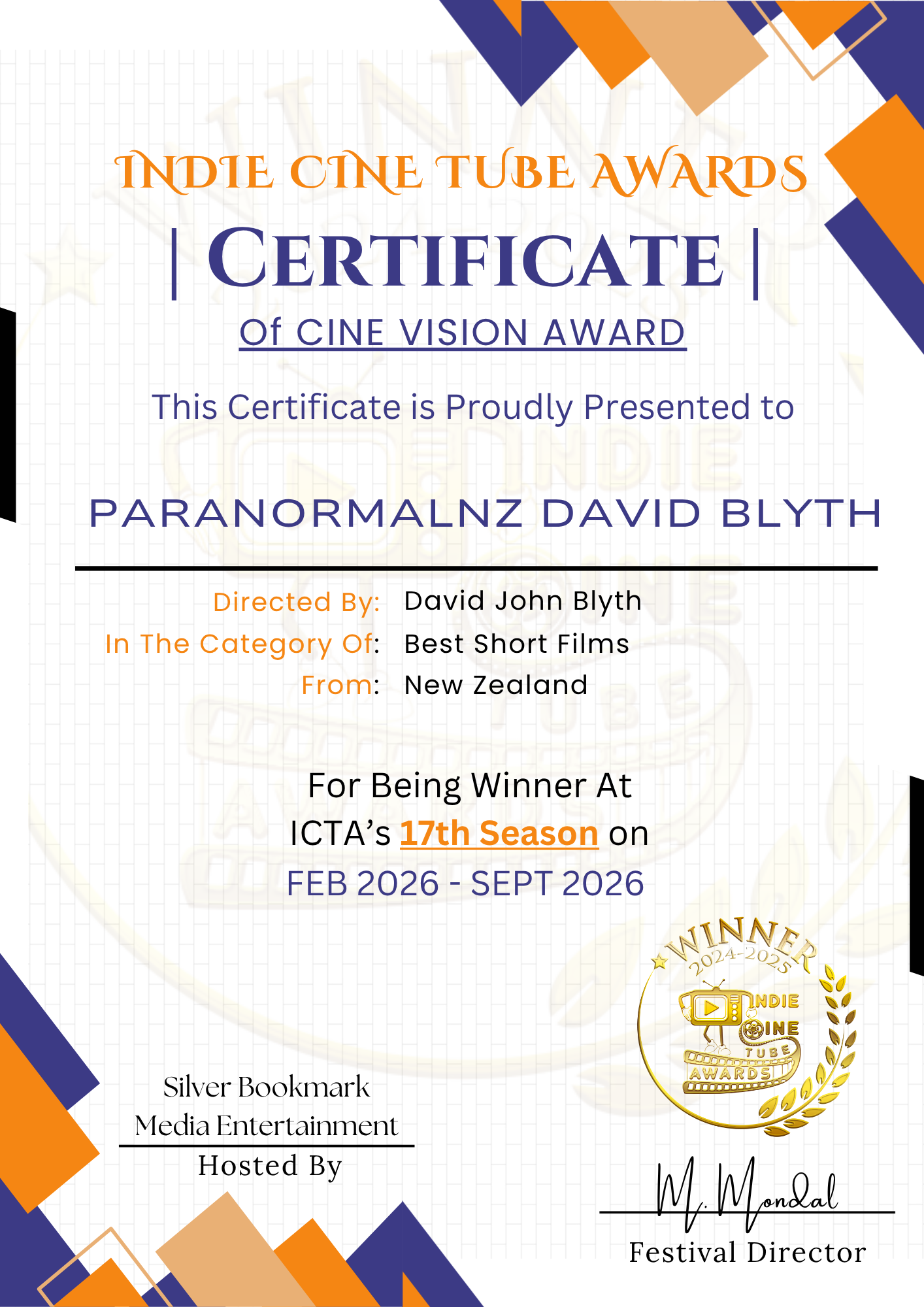 Indie Cine Awards Certificate